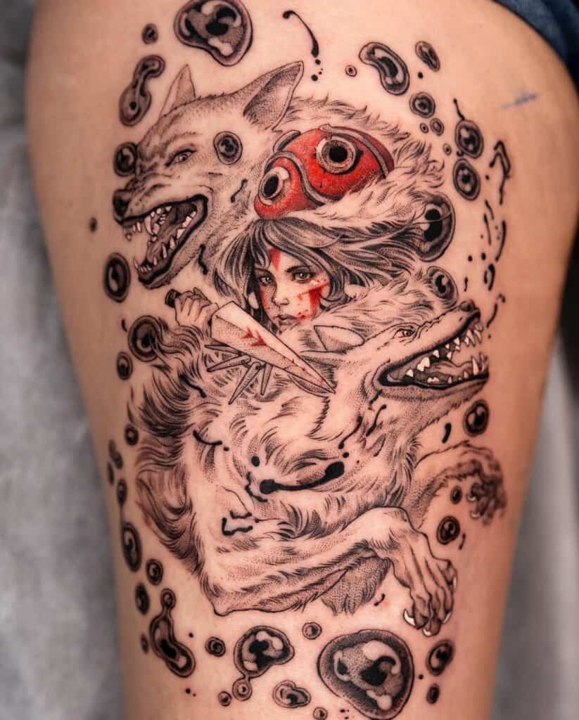 Studio Ghibli Princess Mononoke and wolves thigh tattoo design