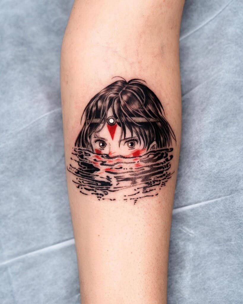 "Princess Mononoke looking at you over the water" inner arm tattoo design
