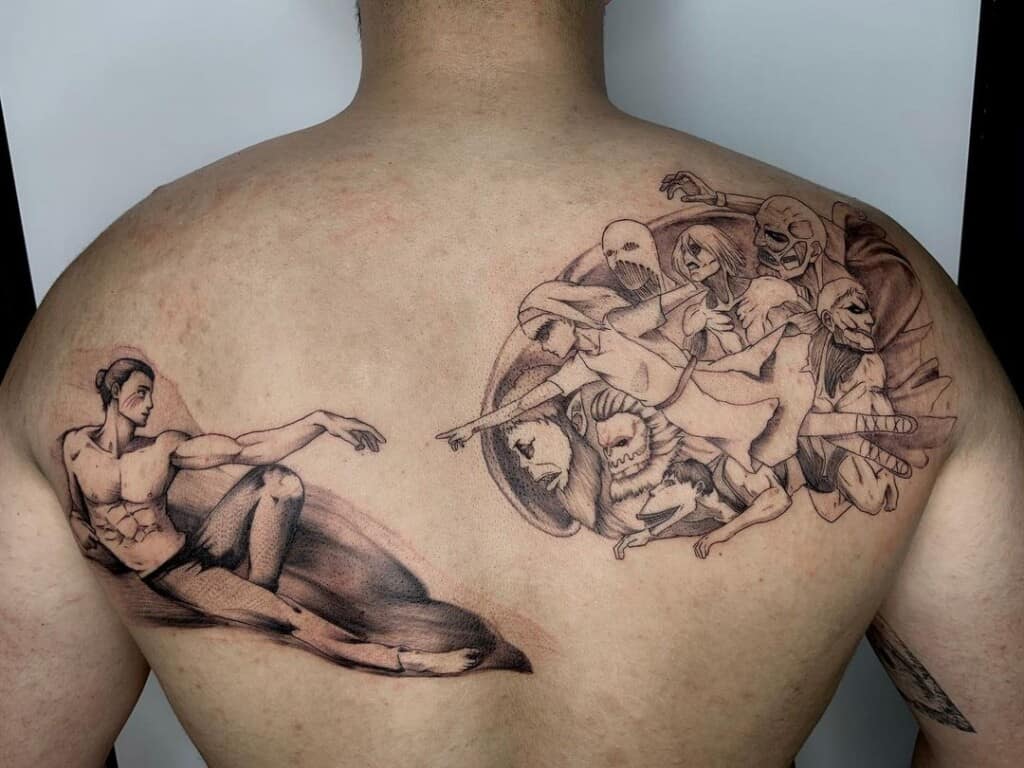 The Creation of Adam's "Attack on Titan" adaptation back tattoo