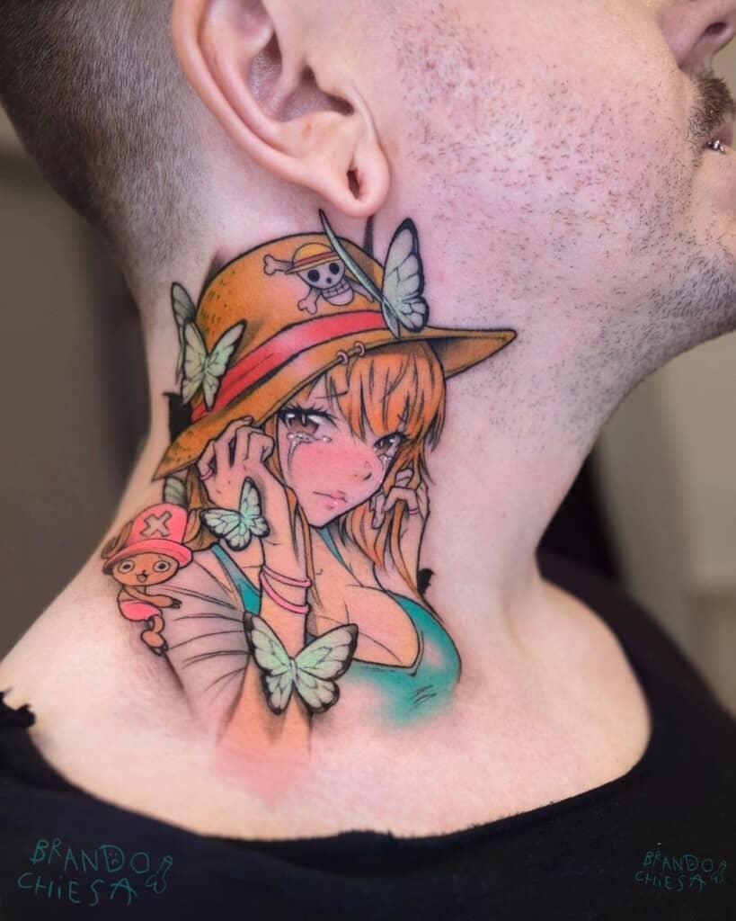 One Piece crying Nami neck tattoo design