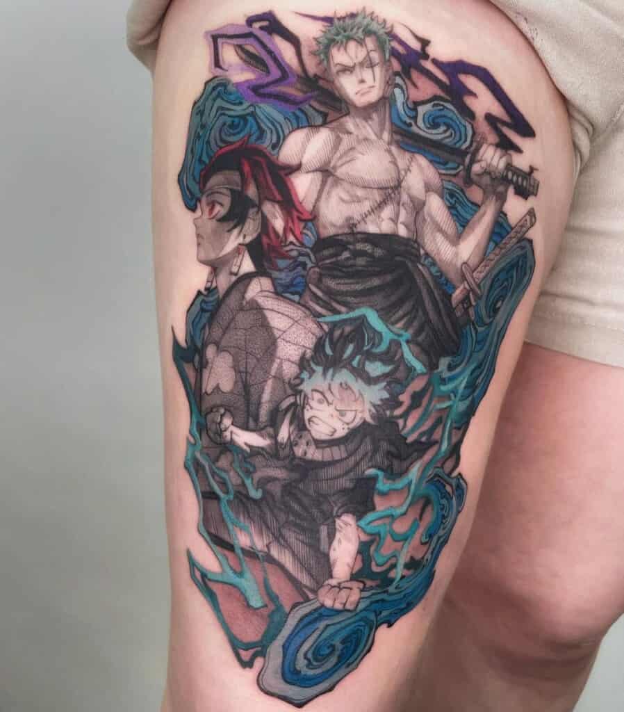 One Piece Zoro, Demon Slayer Tanjiro Kamado, My Hero Academia Izuku Midoriya thigh tattoo design