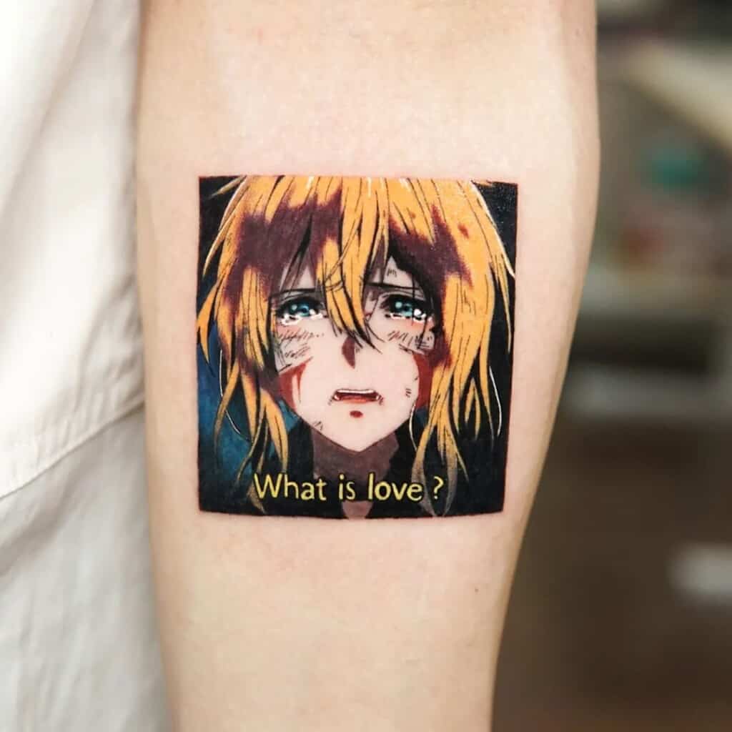 Violet Evergarden's "What is love" inner arm tattoo design