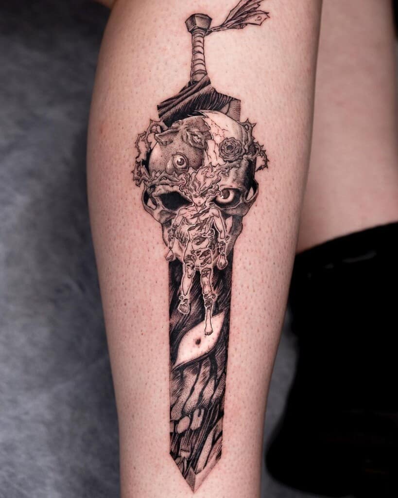 Berserk sword focused calf tattoo design