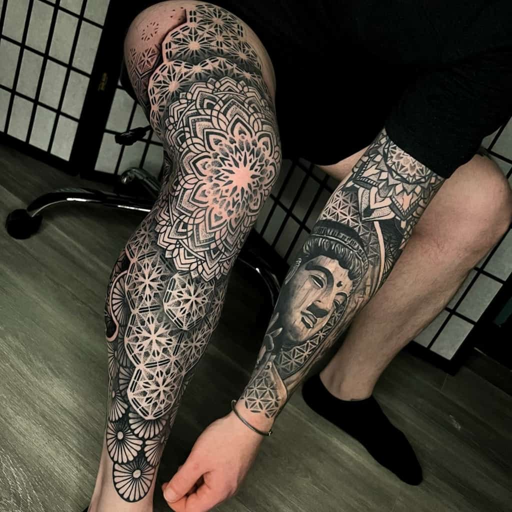Buddha geometric sleeve tattoo and geometric leg tattoo