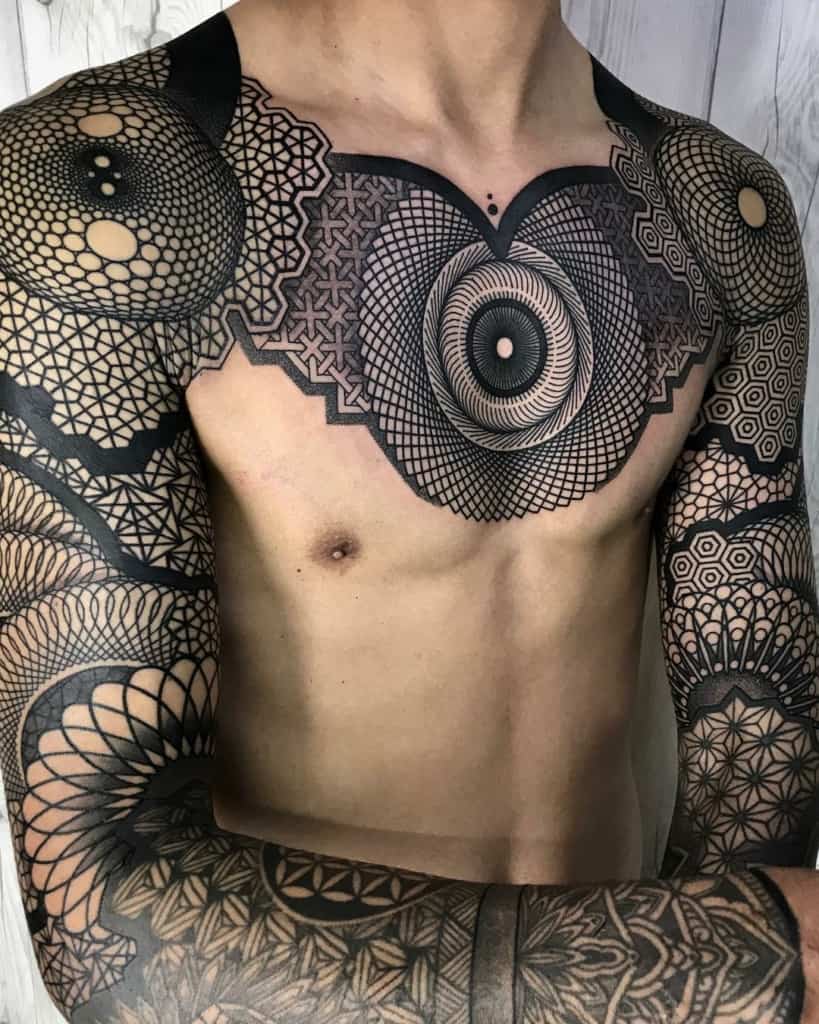 Sacred geometry tattoo on the full sleeve and chest