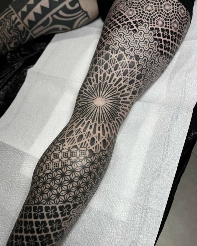 Sacred geometry leg sleeve tattoo