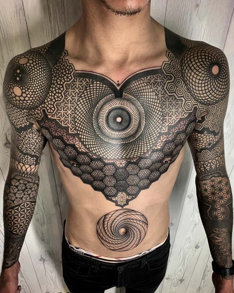 Full sleeve ve chest sacred geometry tattoo