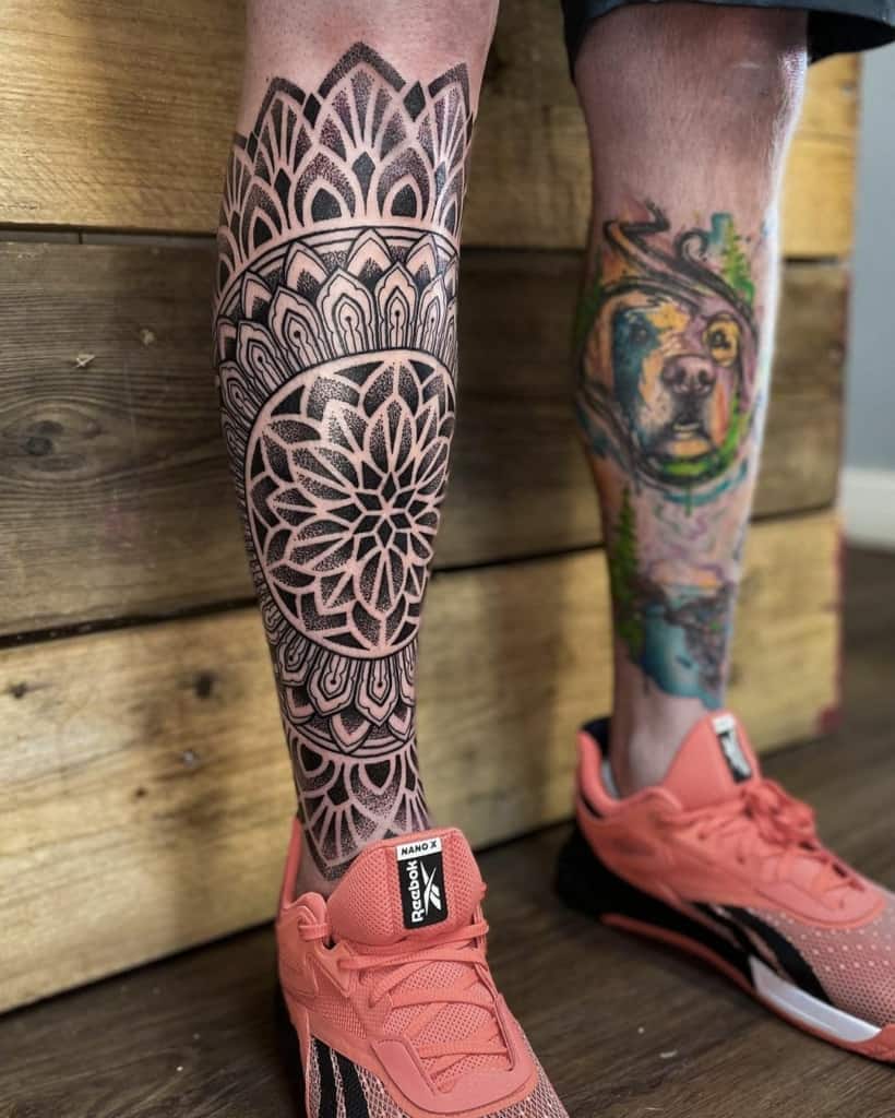 Sacred geometry tattoo from ankle to knee