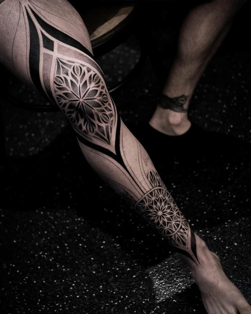 Geometric leg mandala tattoo