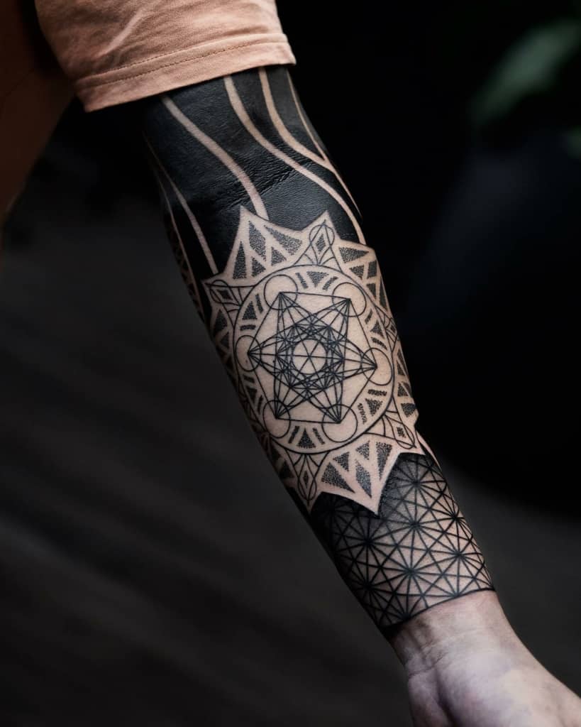 Metatron's Cube focused  geometric sleeve tattoo