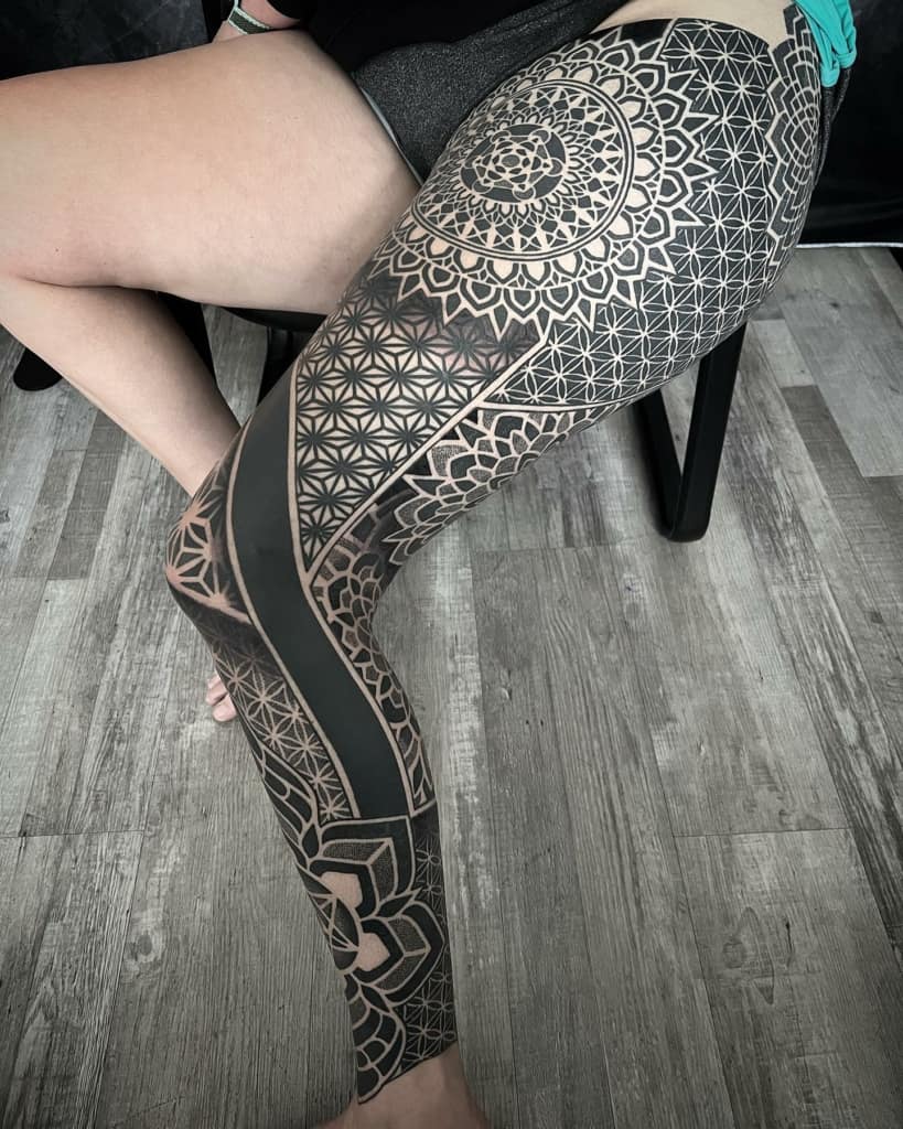 Sacred geometry full leg tattoo