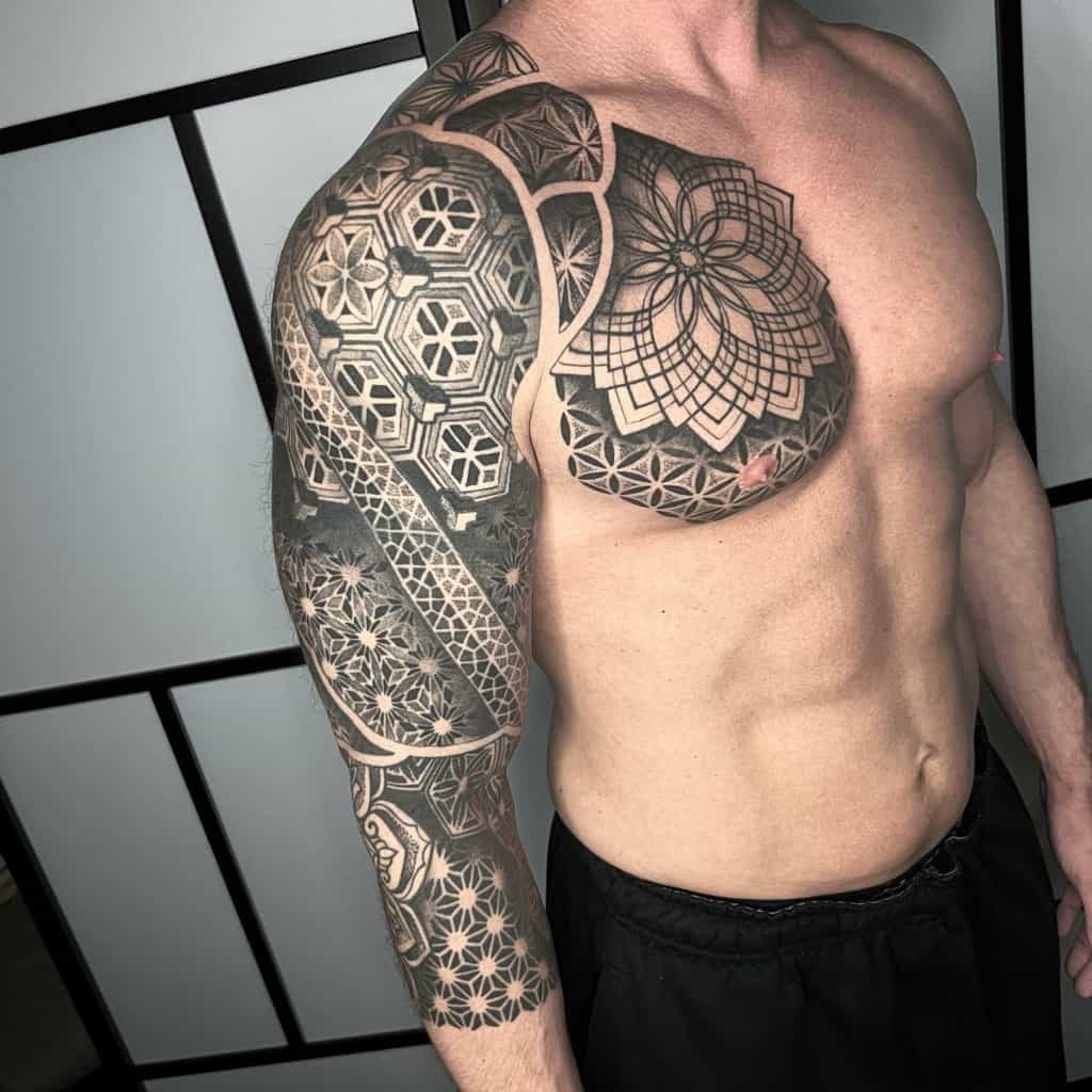 Full sleeve and half chest geometric tattoo 