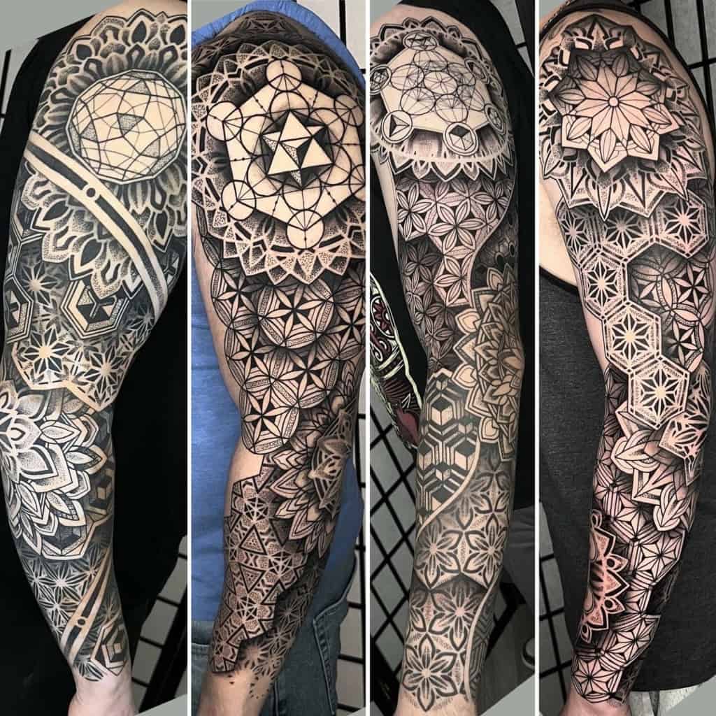 Four different full sleeve sacred geometry tattoo, Metatron's Cube