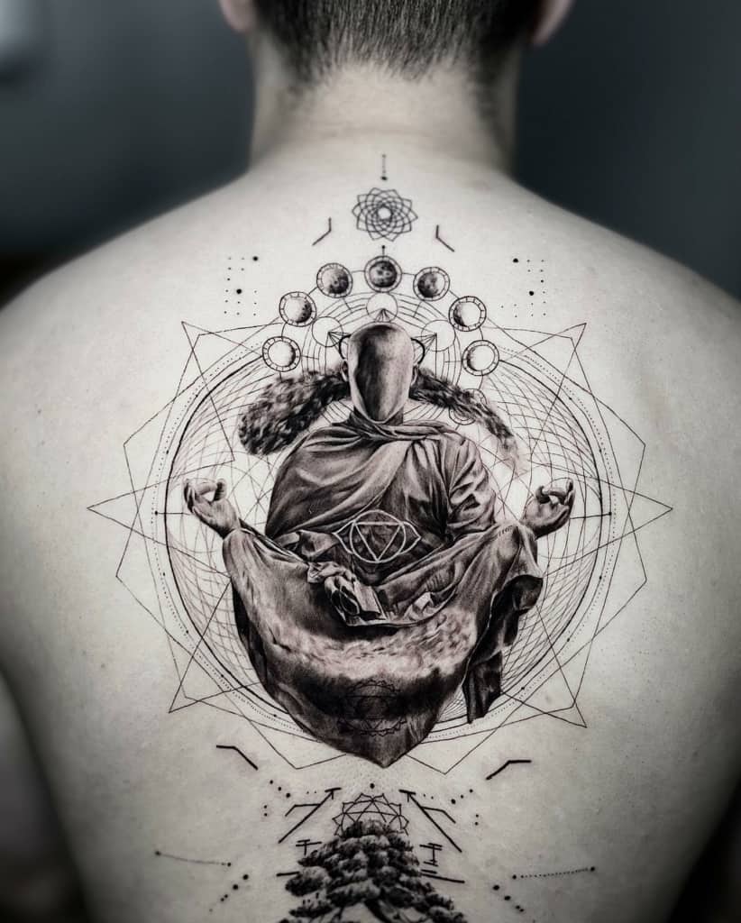 Sacred geometry back tattoo