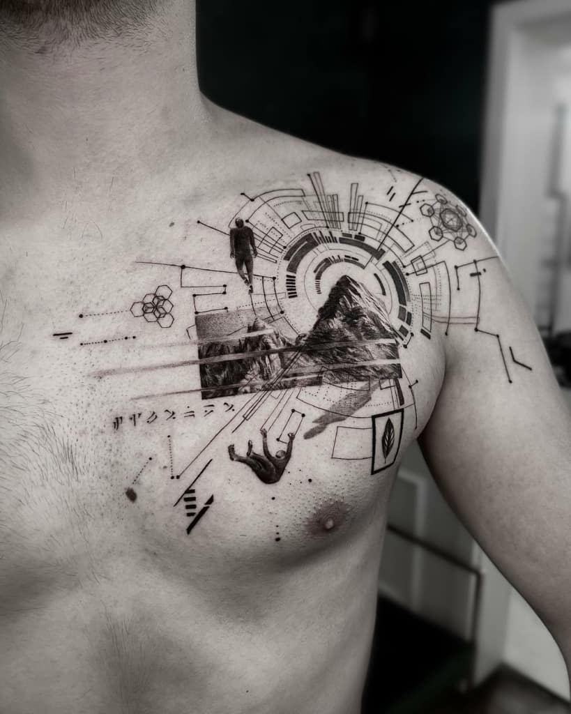 Sacred geometry tattoo design on left chest