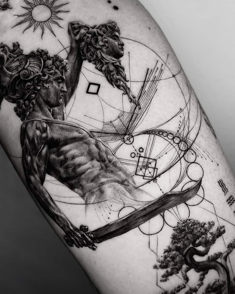 Perseus with the Head of Medusa with a sacred geometry tattoo