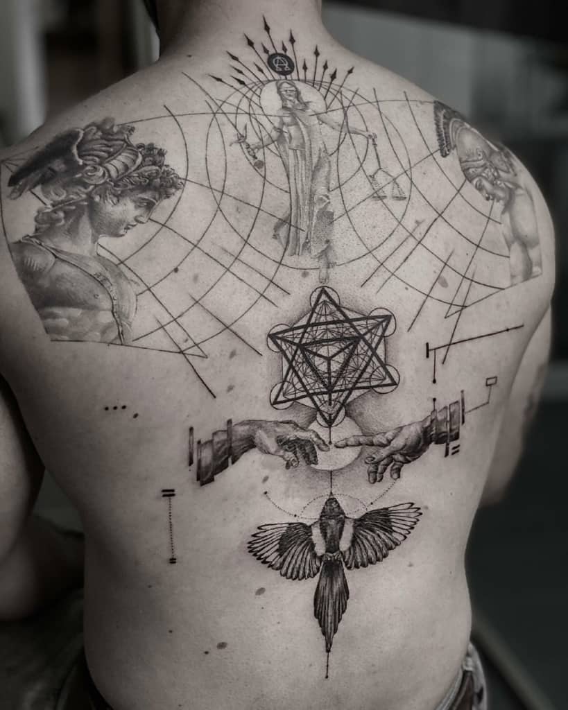 The creation of adam and Metatron's Cube focused sacred geometry tattoo
