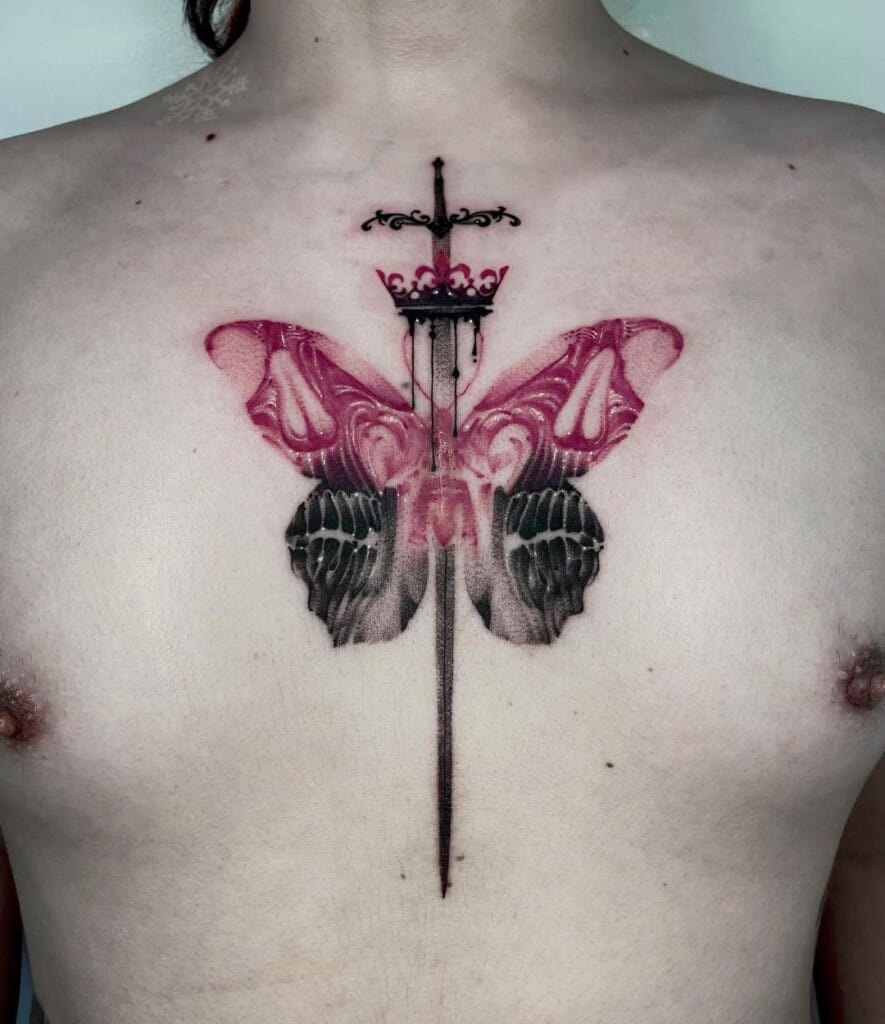 Sword tattoo placed on the chest, micro-realistic